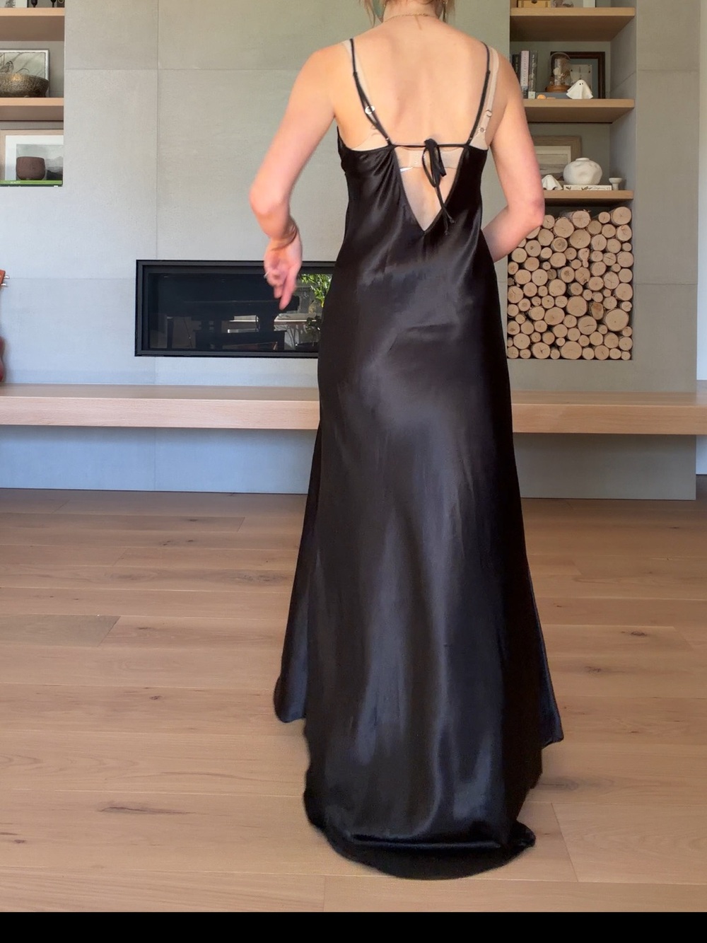 La vie en rose Lace-Accent Black Satin Slip Dress with Thigh Slit small - Picture 5 of 14